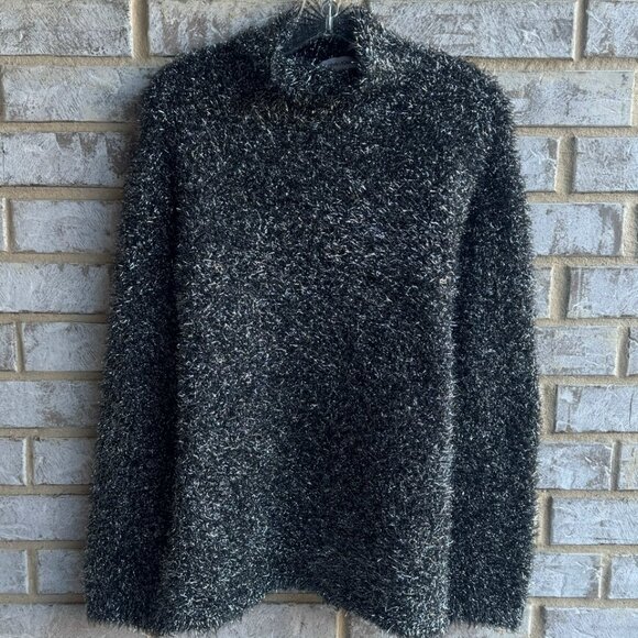 Calvin Klein High Neck Gray/Silver Metallic Eyelash Pullover Sweater Size L - Picture 1 of 8